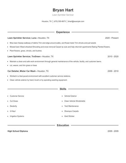 Lawn Sprinkler Servicer Resume