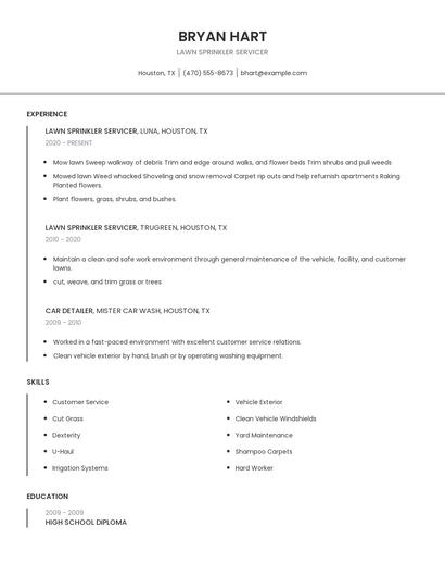 Lawn Sprinkler Servicer Resume