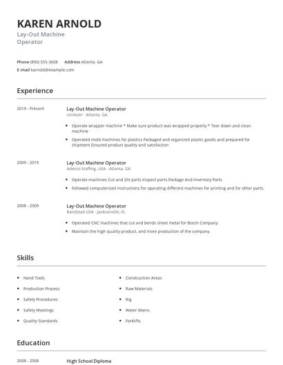 Lay-Out Machine Operator Resume