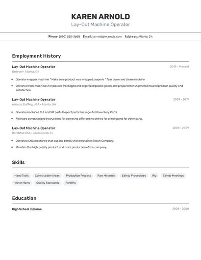 Lay-Out Machine Operator Resume