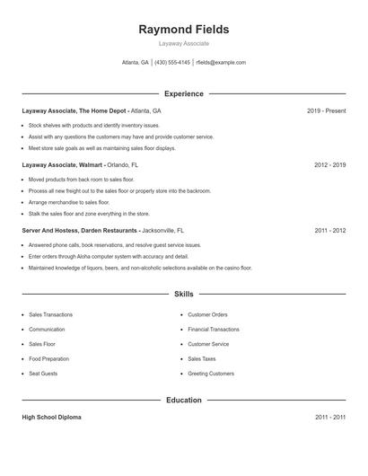 Layaway Associate Resume