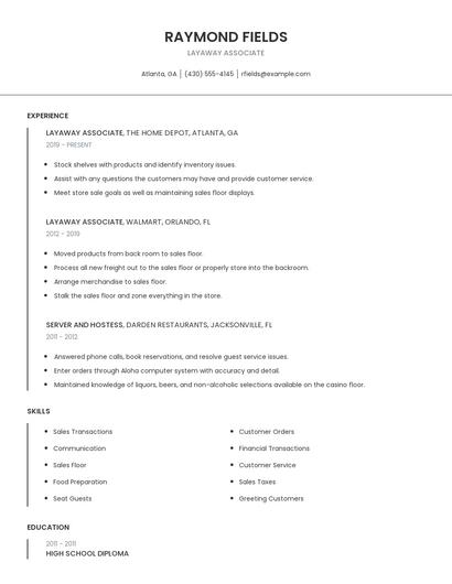 Layaway Associate Resume