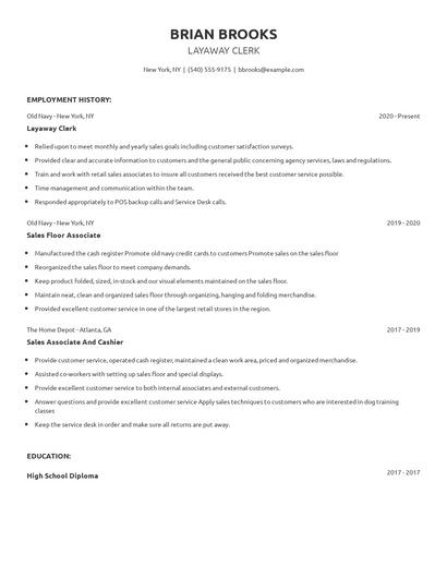 Layaway Clerk Resume