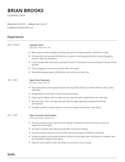 Layaway Clerk Resume