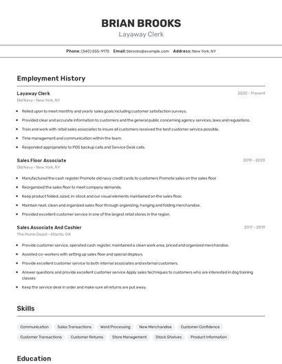 Layaway Clerk Resume