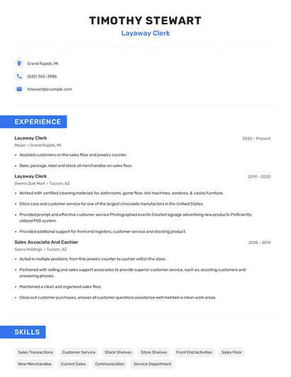 Layaway Clerk Resume