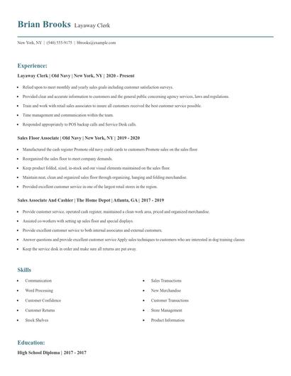 Layaway Clerk Resume