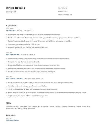 Layaway Clerk Resume