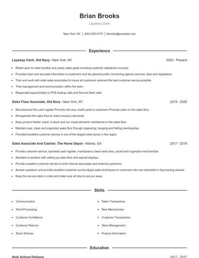 Layaway Clerk Resume