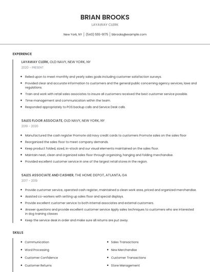 Layaway Clerk Resume
