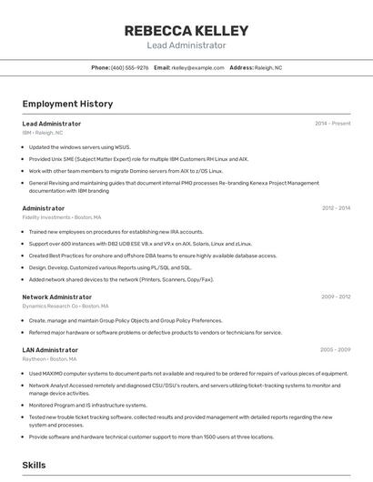 Lead Administrator Resume