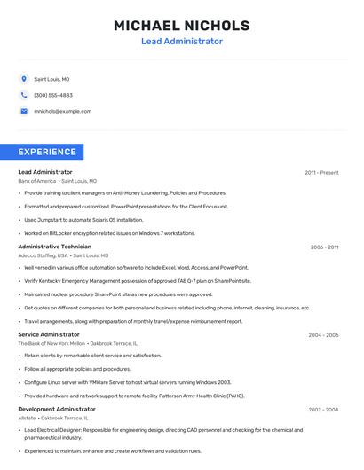 Lead Administrator Resume