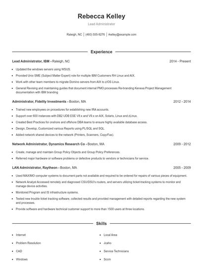 Lead Administrator Resume