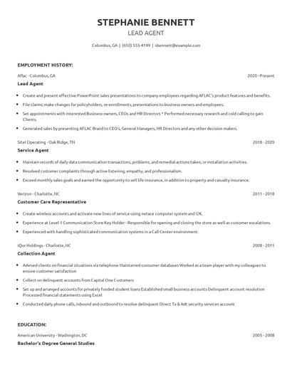 Lead Agent Resume