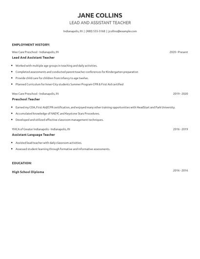 Lead And Assistant Teacher Resume