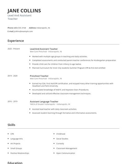 Lead And Assistant Teacher Resume