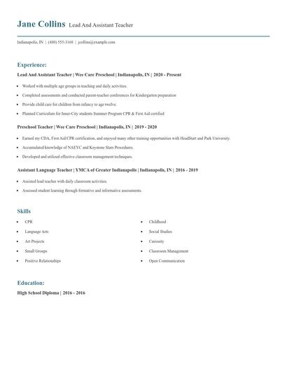 Lead And Assistant Teacher Resume