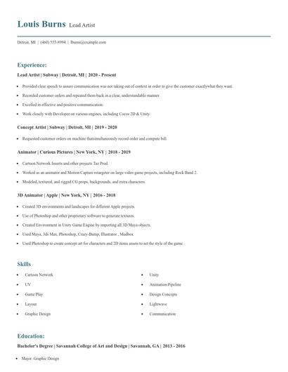 Lead Artist Resume