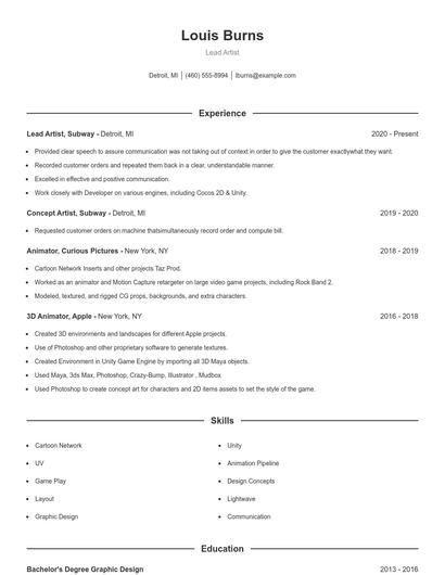 Lead Artist Resume
