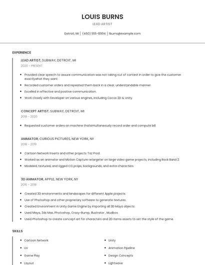 Lead Artist Resume