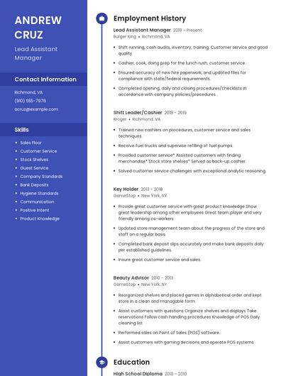 Lead Assistant Manager Resume