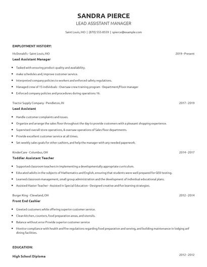 Lead Assistant Manager Resume