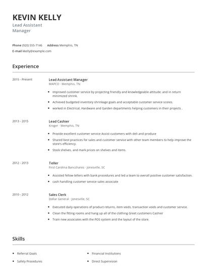 Lead Assistant Manager Resume