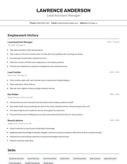 Lead Assistant Manager Resume