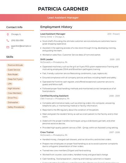 Lead Assistant Manager Resume