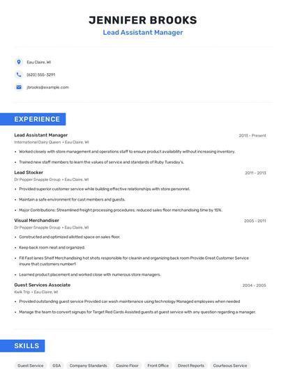 Lead Assistant Manager Resume