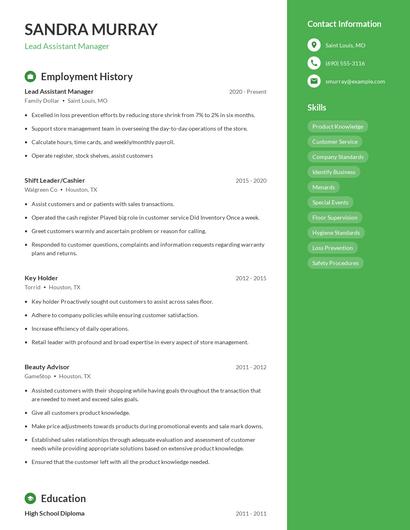 Lead Assistant Manager Resume