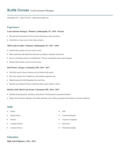 Lead Assistant Manager Resume
