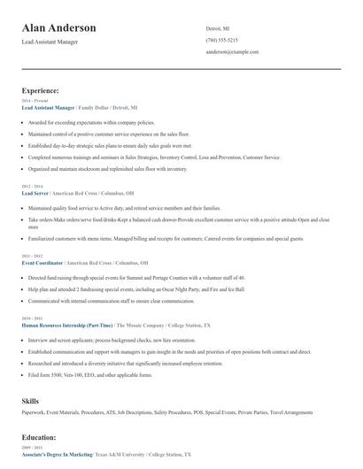 Lead Assistant Manager Resume