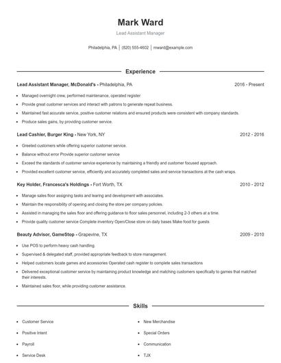 Lead Assistant Manager Resume