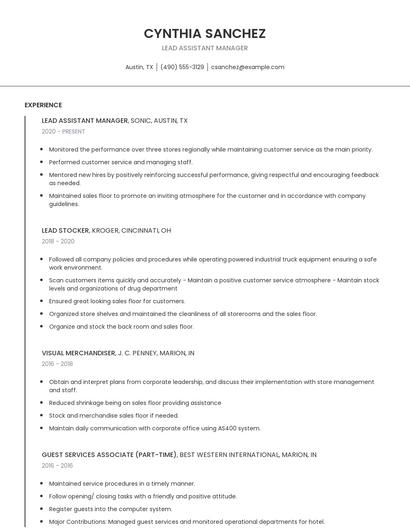 Lead Assistant Manager Resume