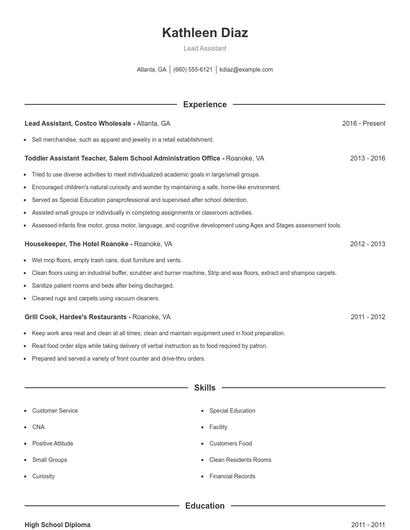 Lead Assistant Resume