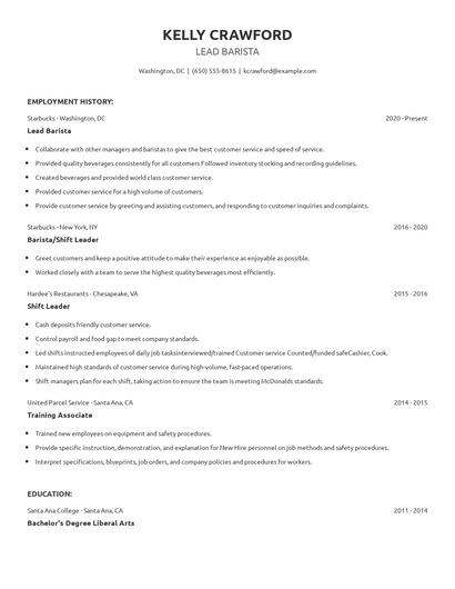 Lead Barista Resume