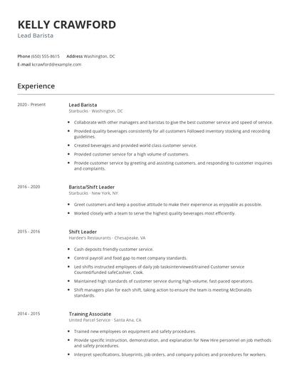 Lead Barista Resume