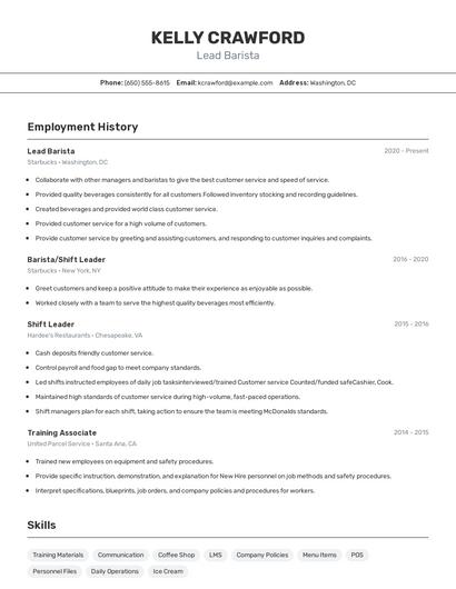 Lead Barista Resume