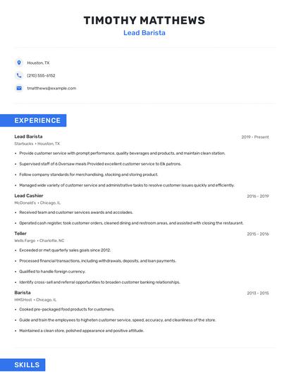Lead Barista Resume