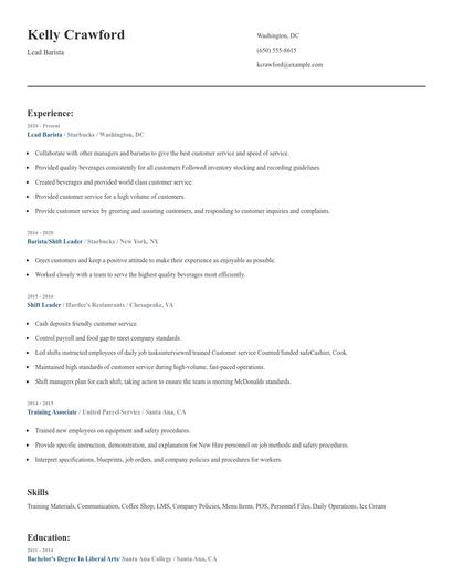 Lead Barista Resume