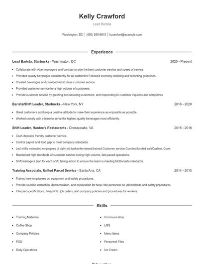 Lead Barista Resume