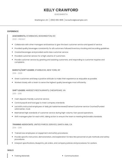 Lead Barista Resume