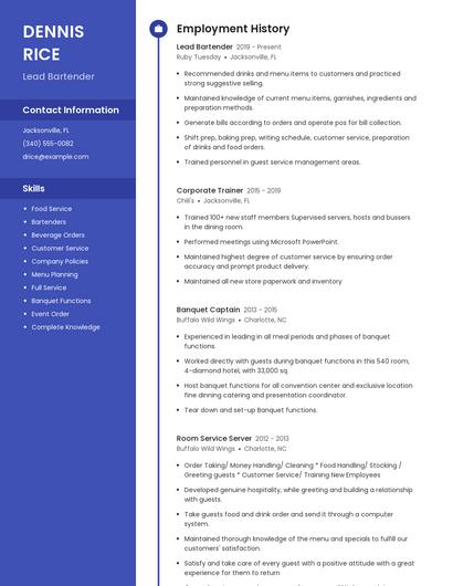 Lead Bartender Resume