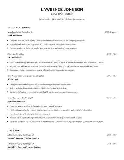 Lead Bartender Resume