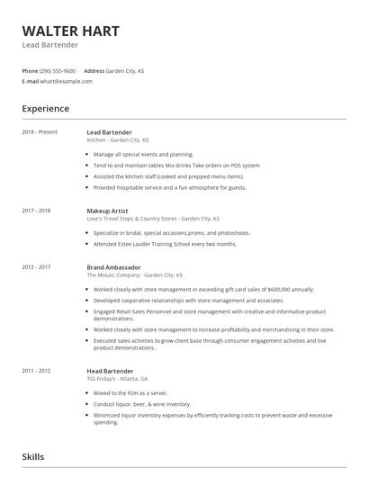 Lead Bartender Resume