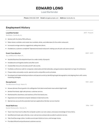 Lead Bartender Resume