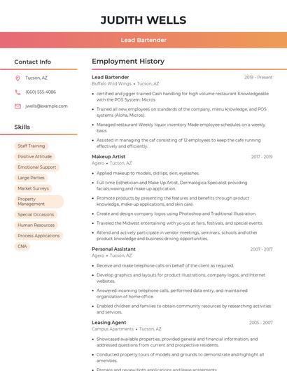 Lead Bartender Resume