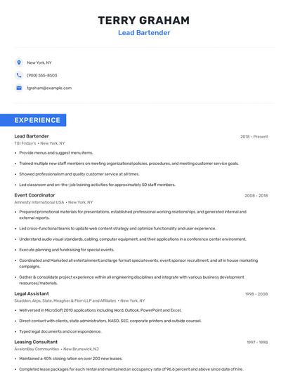 Lead Bartender Resume