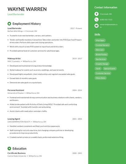 Lead Bartender Resume
